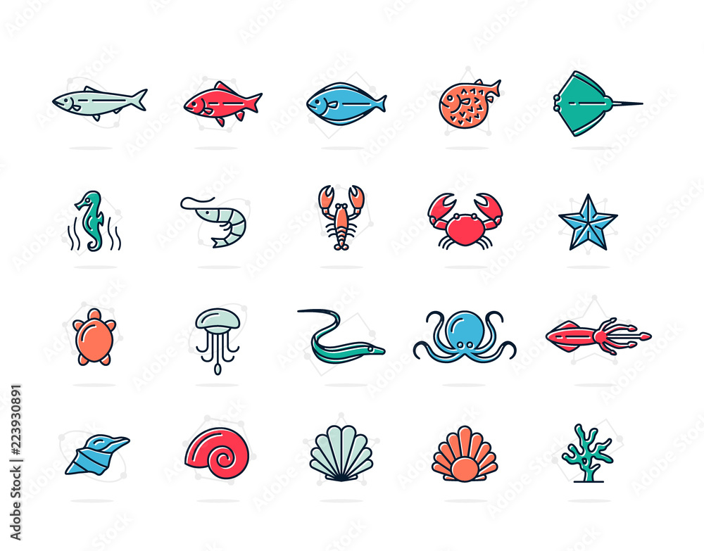 Naklejka premium Zestaw ikon kolorowych linii ryb i owoców morza. Krewetki, ostrygi, kalmary, kraby, łokcie, fugu, homary, karpie, jesiotry, meduzy, ośmiornice, żółwie, rozgwiazdy, koralowce, sprzedaż, koniki morskie i inne. Edytowalny skok.