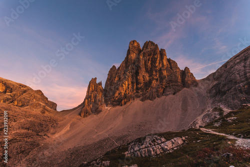 Awesome sunset on beautiful Dolomite mountain causing enrosadira effect, South Tyrol, Italy © Gianluca