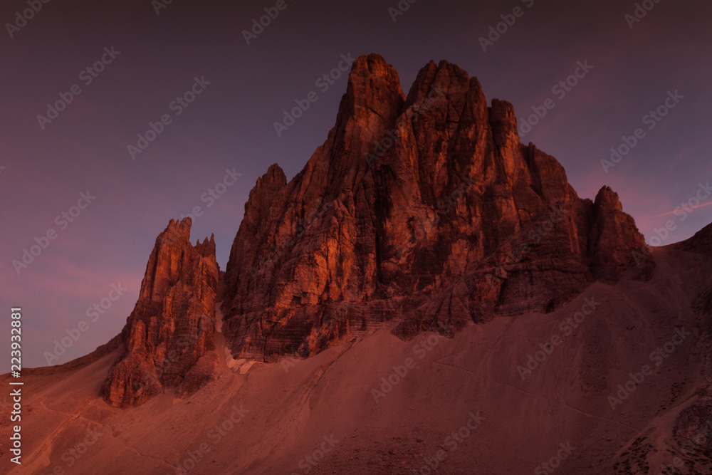 Awesome enrosadira effect at sunset on Dolomite mountain, South Tyrol, Italy