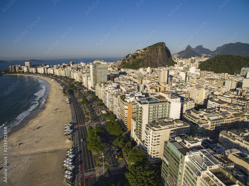 Beautiful Tropical Beach Landscape, Mountains, Luxury Buildings in Copacabana Beach, Rio de Janeiro, Brazil South America. 
