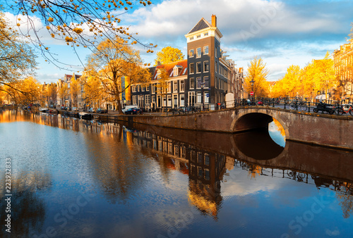 Dutch city scenery with canal and mirror reflections, Amstardam, Netherlands at fall