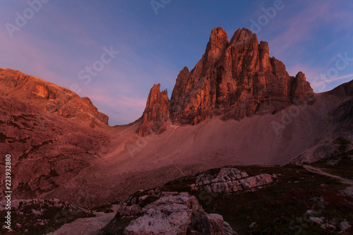 Enrosadira effect at sunset on Dolomite mountain, South Tyrol, Italy