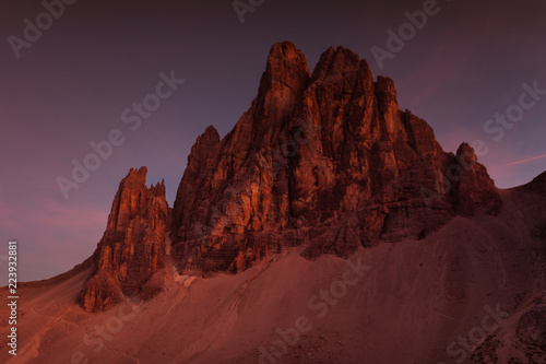 Awesome enrosadira effect at sunset on Dolomite mountain, South Tyrol, Italy