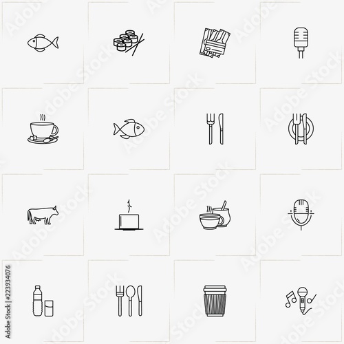 Restaurant line icon set with cup of coffee, cutlery  and cup of tea