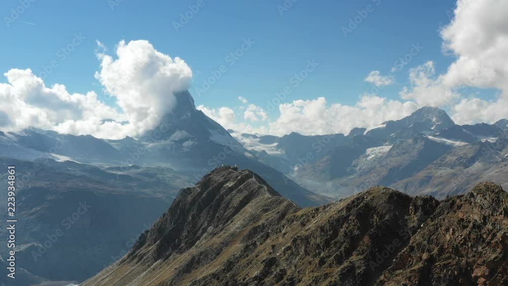 Aerial view with the Gornergrat in the foreground and the mountain Matterhorn in the background, Zermatt, Switzerland Aerial view with the Gornergrat in the foreground and the mountain Matterhorn in the background, Zermatt, Switzerland