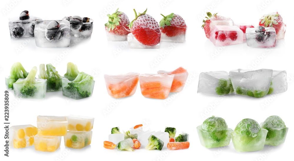 Set with vegetables and berries frozen in ice cubes on white background - obrazy, fototapety, plakaty 