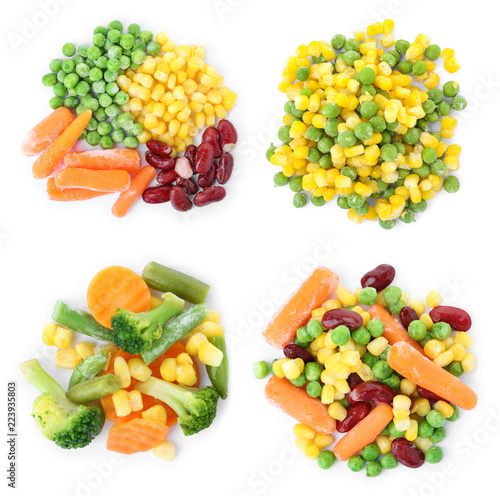 Set with frozen vegetables on white background  top view