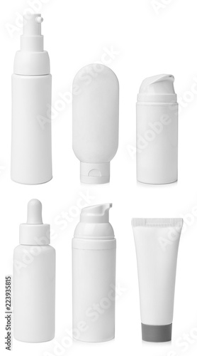 Set with different cosmetic products on white background