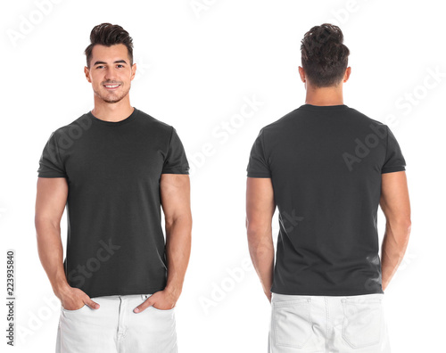 Young man in blank black t-shirt on white background, front and back views. Mock up for design
