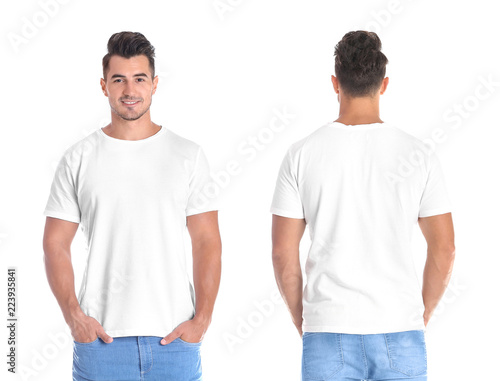 Young man in blank t-shirt on white background, front and back views. Mock up for design