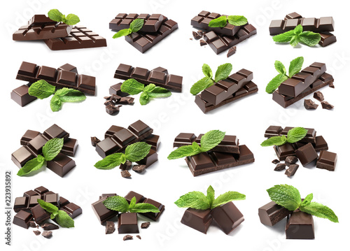 Set with delicious chocolate and mint on white background