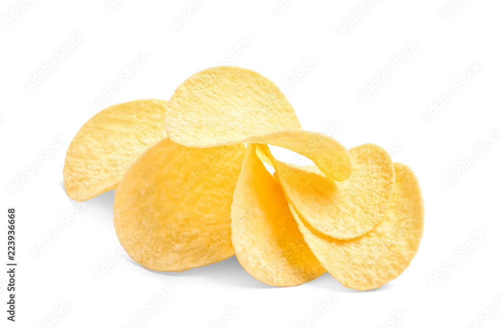 Tasty crispy potato chips on white background Tasty crispy potato chips on white background