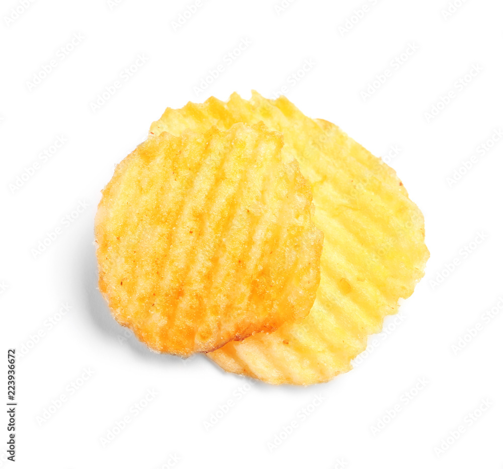 Tasty ridged potato chips on white background Tasty ridged potato chips on white background