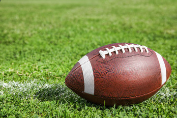 Ball for American football on fresh green field grass