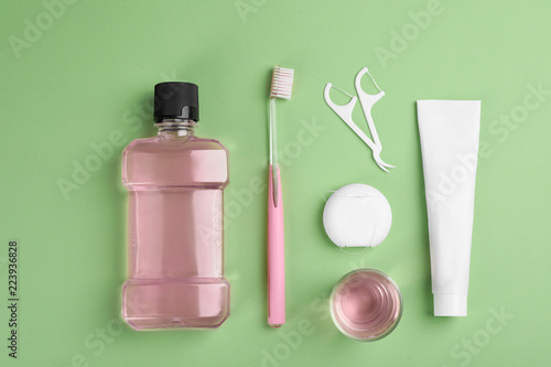 Fototapeta Naklejka Na Ścianę i Meble -  Flat lay composition with oral care products on color background. Teeth hygiene