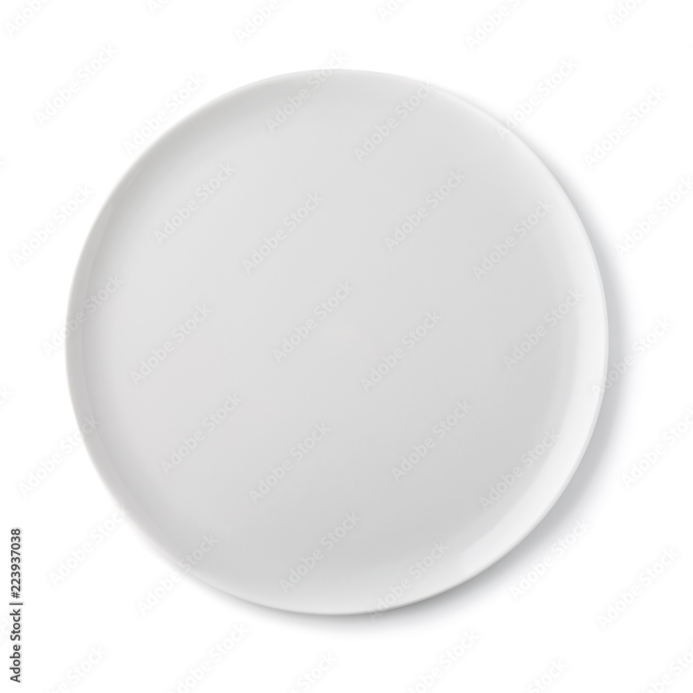 Empty ceramic plate of white color, top view of an isolated object - obrazy, fototapety, plakaty 
