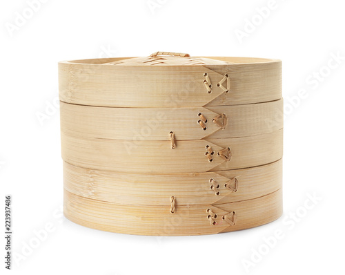 Steamer set made of bamboo on white background