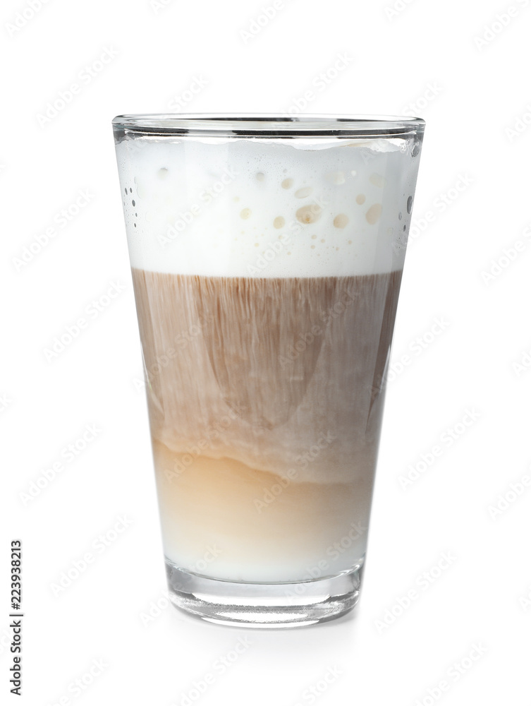 Glass with coffee and milk foam isolated on white Glass with coffee and milk foam isolated on white