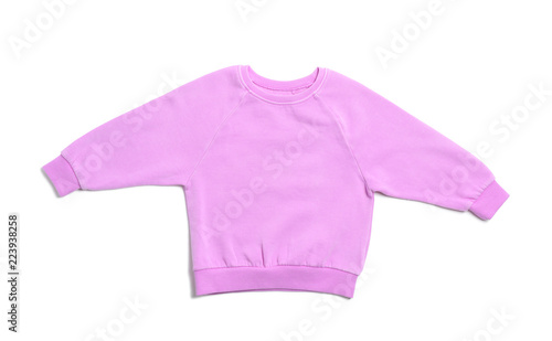 Cute pink child sweatshirt isolated on white, top view