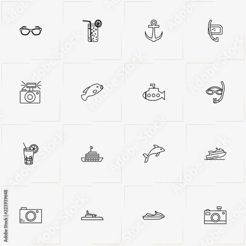 Sea line icon set with cocktail, spectacle and dolphin