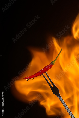Chilli pepper on a meat fork with flame behind on a black background