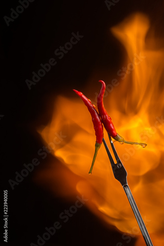 Two red hot chilli peppers on a meat fork with a flame behind on a black background photo