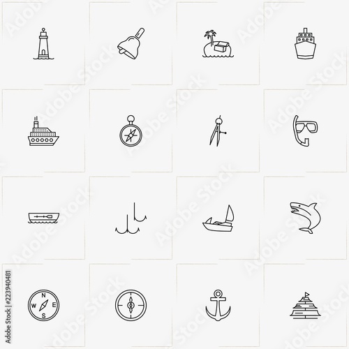 Seafaring line icon set with anchor , fishing hook and diving mask