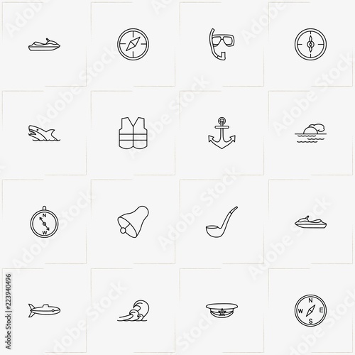Seafaring line icon set with life vest, shark  and water scooter