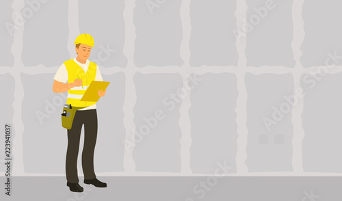 Home inspector man finished frame house building check and writing condition report