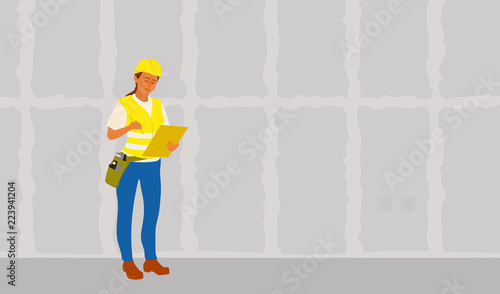 Home inspector woman finished frame house building check and writing condition report