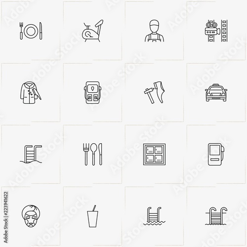 Service line icon set with cutlery , airport luggage storage and swimming pool ladder