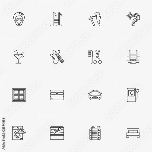 Service line icon set with barber , thermometer with stethoscope  and mask for face