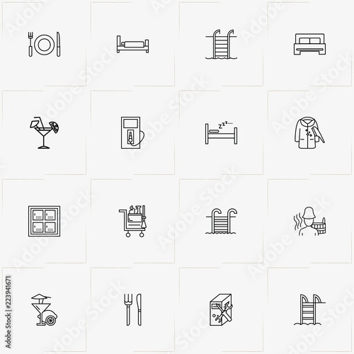 Service line icon set with swimming pool ladder, petrol station  and bathhouse