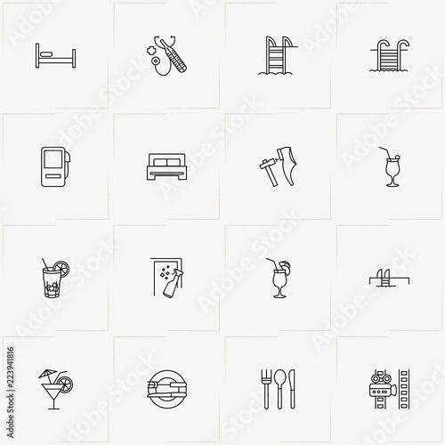 Service line icon set with cutlery , cocktail and video camera film