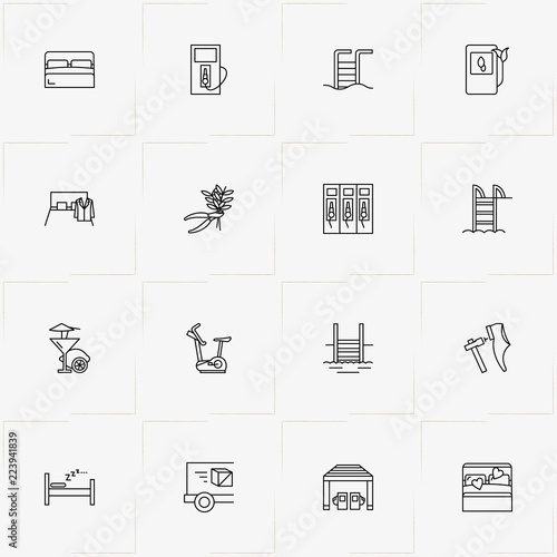 Service line icon set with bed, parcel delivery  and exercise bike
