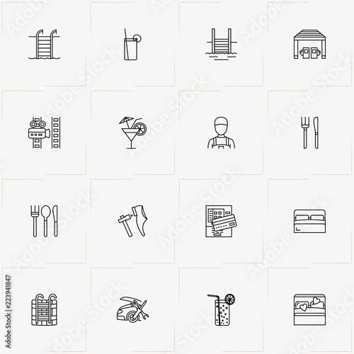 Service line icon set with swimming pool ladder, cutlery  and cocktail