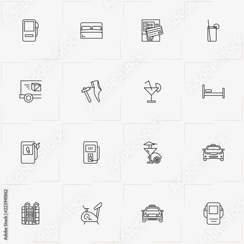 Service line icon set with exercise bike, cash dispenser and bed