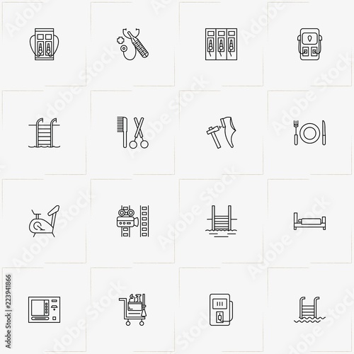 Service line icon set with exercise bike, service staff trolley  and bed