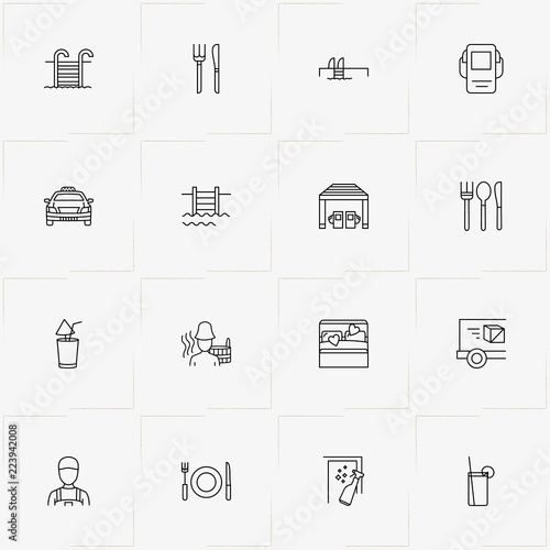 Service line icon set with parcel delivery , bathhouse and cocktail