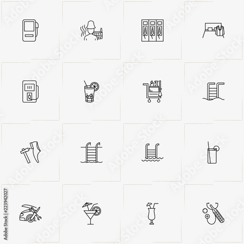 Service line icon set with bed, petrol station  and service staff trolley