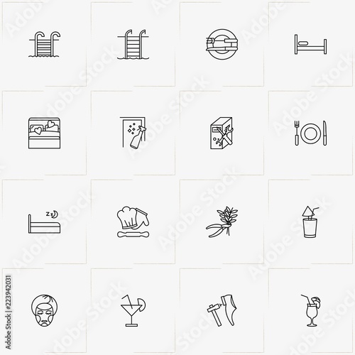 Service line icon set with swimming pool ladder, bed and computer repair