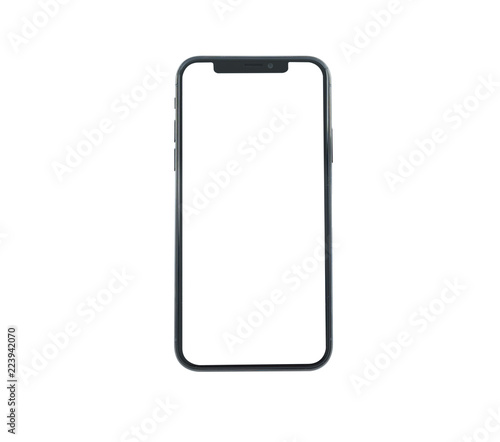 New smartphone XS with blank screen isolated on white background. Flat lay, top view.