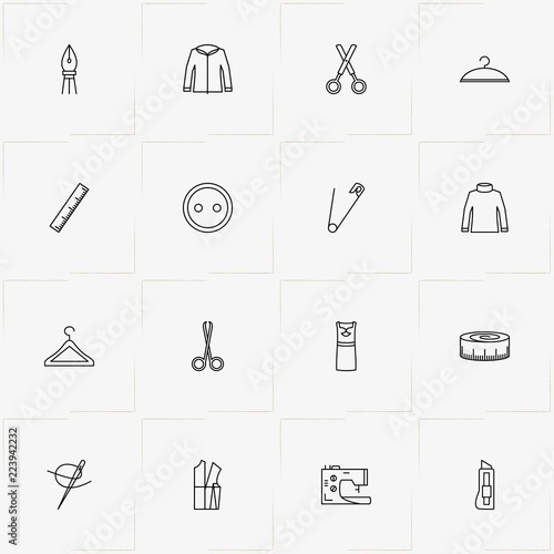 Sewing line icon set with needle, hanger and pullover