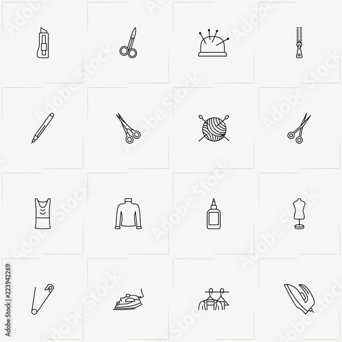 Sewing line icon set with sewing hank, glue and scissors