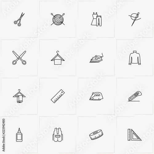 Sewing line icon set with vest , sewing hank and flatiron