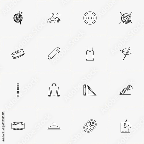 Sewing line icon set with sewing hank, dress and sewing  needle