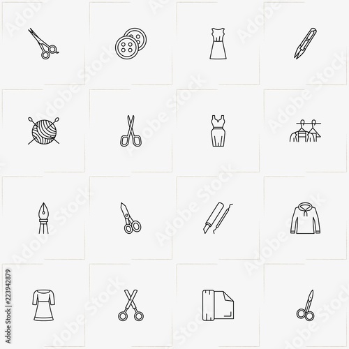 Sewing line icon set with cutter, sewing hank and scissor
