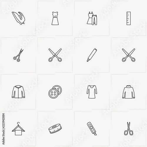 Sewing line icon set with hanger, pullover and pen