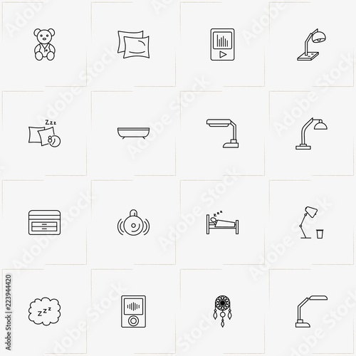 Sleep line icon set with nightstand , alarm  and pillow