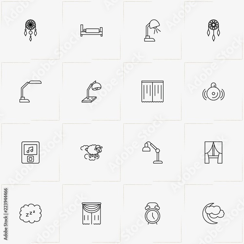 Sleep line icon set with curtain, brooch  and crescent